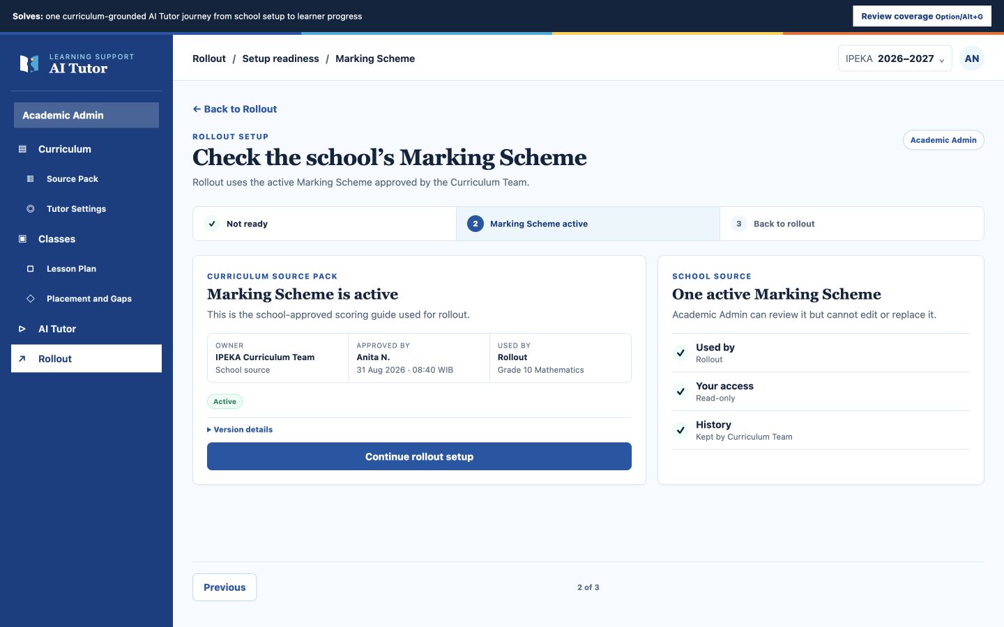 Contoh tampilan AI Tutor yang menunjukkan Marking Scheme sekolah yang aktif.